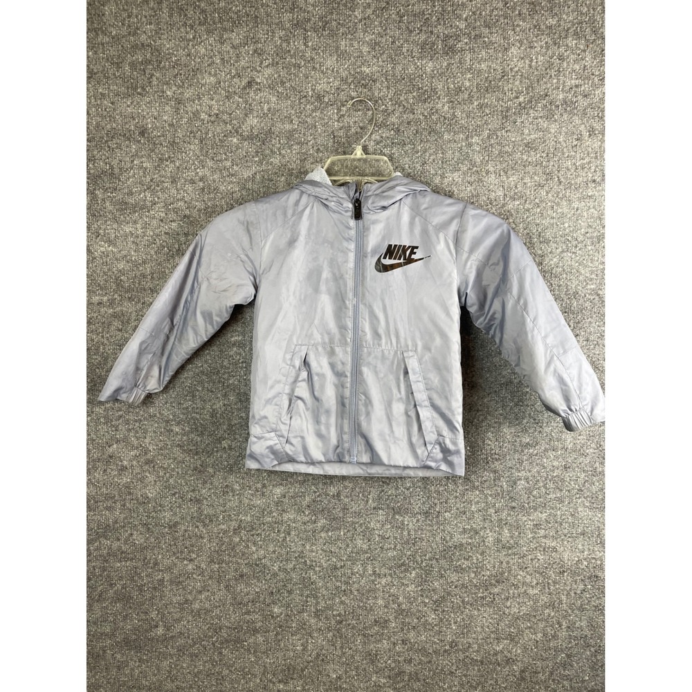 Nike Windbreaker Jacket Kids Size 5 Grey Good Hooded Fleece Lined Zip Up